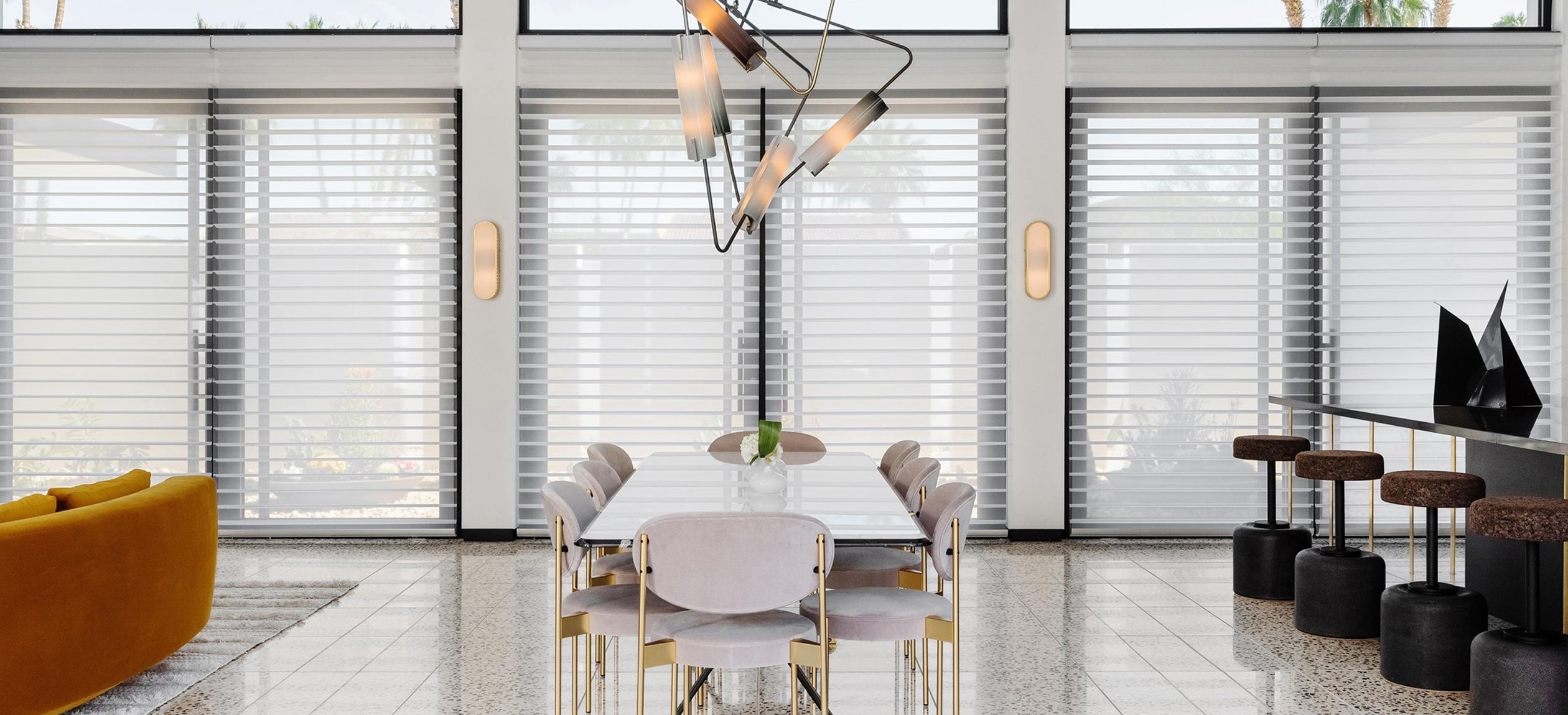 White blinds on white wall with black trim