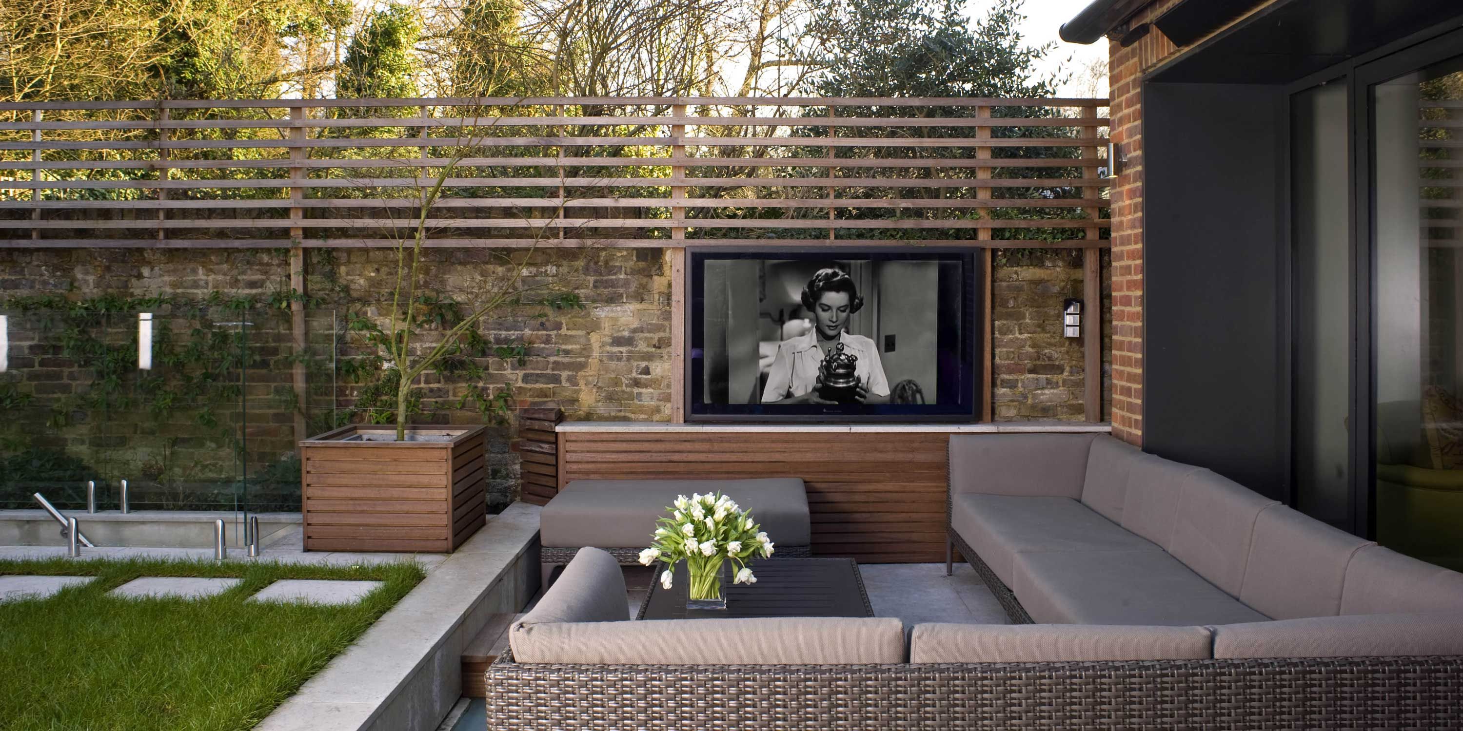 future automation technology outside on a patio with wood accents